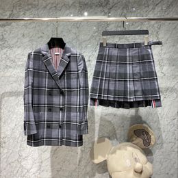 Two Piece Dress TB Brand Plaid Skirt Suits Set Wool Jackets Pleated Skirts Ladies Korean Fashion Blazers Girls JK Uniform Coats 230307