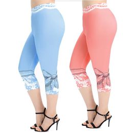 Women's Leggings 3D Pring Hem Butterfly Knot Lace High Waist SKinny Capri Stretch Yoga Legging Jegging PantWomen's Women'sWomen'