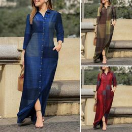 Ethnic Clothing 2023 Muslim Abayat Dress Casual Lapel Long Sleeve Denim Shirt Women's Cheque Print Islamic For Europe And America