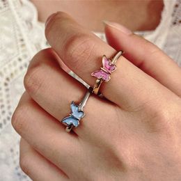 Band Rings Modyle New Simple Pink and Blue Butterfly Ring for Women Punk Vintage Gold Colour Open Ring Korean Fashion Wedding Jewellery Gifts AA230306