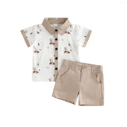 Clothing Sets Toddler Baby Boy Summer Clothes 2Pcs Set Cartoon Elk Print Short Sleeve Lapel Button Closure Shirt Solid Color Shorts 6M-4T