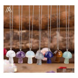 Pendant Necklaces Carved Gemstones Mushroom Charms Stainlesssteel Chain Women Healing Crystals Figurine Necklace Jewellery Drop Delive Dhfxd