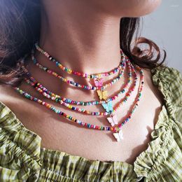 Choker Personality Colourful Beads Chain Necklace Acrylic Butterfly Pendant Ethnic Style Simple Jewellery Girl Gift