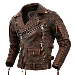 Men's Leather Faux Leather Motorcycle Cowhide Genuine Leather Jacket Men Slim Stone Milled Retro Jacket Calfskin Leather Coat Men Moto Biker Riding Clothes 230307