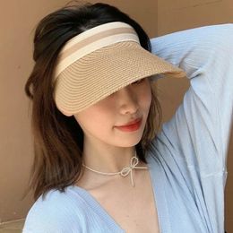 Women Ladies Summer Weave Straw Empty Top Beach Cap Solid Color Large Wide Brim UV Protection Breathable Sun Visor Hat