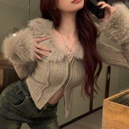 Women's Knits Spring Fall Fashion Feather Stitching Knitted Cardigan Fur Long Sleeve Sexy Slim Bottoming Shirt V Neck Grey Short T-shirt Top