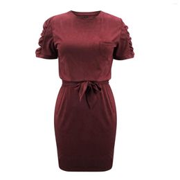 Casual Dresses Women Solid Color Dress Wine Red Round Collar Short Sleeve With Waistband Summer Clothes 2023 S/ M/ L/ XL