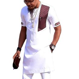 Ethnic Clothing White Patchwork African Dress Shirt Men Brand Short Sleeve African Clothes Streetwear Casual African Men Traditional Outfit 230307