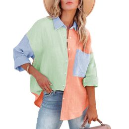 Women's Blouses & Shirts Women Colour Block Stitching Long-sleeved Shirt Lapel Button Closure Loose Versatile Casual Tops Blusas Mujer De Mod