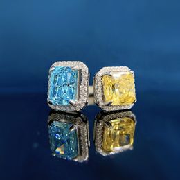 Anello diamantato aquamarine quadrata aquamarine anello 100% reali 925 sterling in argento anelli da matrimonio per donne per le donne gioielli di fidanzamento nuziale