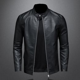Men's Leather Faux Leather Spring Autumn Leather Jacket Men Stand Collar Slim Pu Leather Jacket Fashion Motorcycle Causal Coat Mens Moto Biker Leather Coat 230307