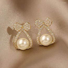 Stud Earrings Brand 2023 Exquisite Women Bow Earring Pearl Accessories Zirconia Inlay Luxury Ins Ladies Bridal