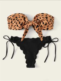 Women's Swimwear Beach Bikini Woman Sexy Front Lace Up Tie Strapless Leopard Swimsuit Female Push Up Ruffled Bow Bathing Suit Thong Swimwear 230307