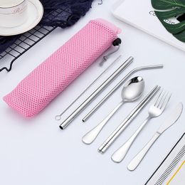 Dinnerware Sets Portable Travel Cutlery Set Stainless Steel Tableware Storage Box Bag Kitchen Home Straw Chopstick Spoon Fork