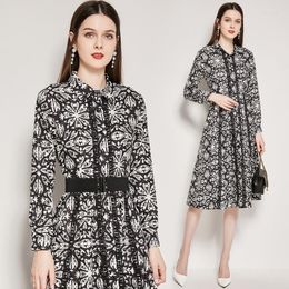 Casual Dresses Spring Chic Fashion Show Lapel Long Sleeve Black Water-Soluble Lace Splicing Print Avant-Garde Dress