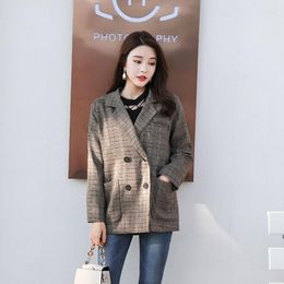 Women's Jackets Style Autumn OL Plaid Suit Jacket Women Fashion College Loose Vintage Outerwear 2023 Lady Double Breasted Short Coats S-XL