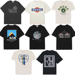 T-shirt RHUDE Summer Flag Letter Print Sunset Racing High Street T-shirt da uomo girocollo allentata da uomo