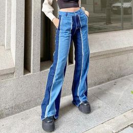 Women's Jeans Two Tone Women Spring Fashion Slim High Waist Blue Patchwork Female Casual Loose Tassel Wide Leg Pants Streetwear