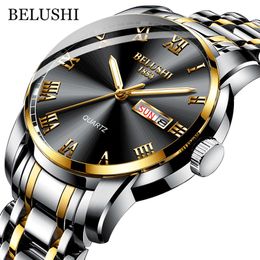 Wristwatches BELUSHI Top Brand Watch Men Stainless Steel Business Date Clock Waterproof Luminous es Mens Luxury Sport Quartz Wrist 230307