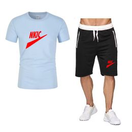 Men's Summer Bodybuilding fashion Tracksuits Short Sleeve Shorts 2PCS Sports Kit Streetwear Brand LOGO Print T-shirt Sets