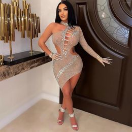 Casual Dresses 2023 Women's Diamond Rhinestone Hollow Irregular Dress Fashion Long Sleeve Round Sexy Party Pencil Mesh Solid