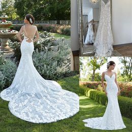 2023 Designer Lace Mermaid Wedding Dresses Bridal Gown Spaghetti Straps Open Back Satin Custom Made Sweep Train Vestidos de novia Plus Size