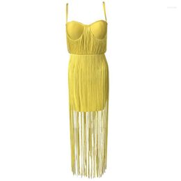 Casual Dresses Sexy Lady 2023 Summer Bodycon Tassel Party Yellow Black Bustier Bandage Long Spaghetti Strap Wholesale
