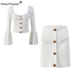 Two Piece Dress Fashion Y2K Flare Long Sleeve Heart Collar White Sweater Mini Skirt Customise Buttins Slim Knitting Pieces Set for Women 230306