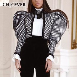 Women's Jackets CHICEVER Plaid Coats For Women Butterfly Collar Puff Long Sleeve Ruched Short Streetwear Jackets Female Autumn Clothes 230307