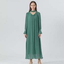 Casual Dresses Grey-green Double Layer Georgette Silk V-neck Flared Long Sleeves Women Halterneck Loose Dress Autumn AE1706