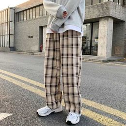 Men's Pants 2022 Plaid Pants Men Linens Korean Checked Trousers Male Streetwear Fashion Bottoms Summer Wide Leg Pants Harajuku Breathable Z0306