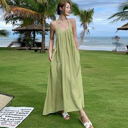 Casual Dresses Fashion Women Vintage Sexy Halter Backless Maxi Vacation Dress Elegant Street Clothes Folds Loose Boho Beach Female