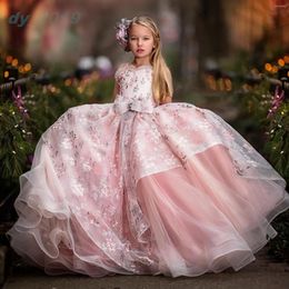 Girl Dresses Blush Pink Lace Flower Dress Bows Children's First Holy Communion Princess Formal Tulle Ball Gown Wedding Party Gowns