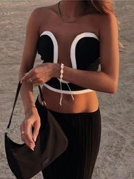 Women's Tanks Summer Strapless For Women Sexy Deep V-neck Bodycon Tube Top Fashion Black White Patchwork Vacation Beach Crop 2023