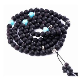 Beaded Strands 10Pc/Set Natural Stone Beads Elastic Lava Rock Bracelet With Round Stainless Steel Charm Bead Handmade Jewellery Drop Dhjcb