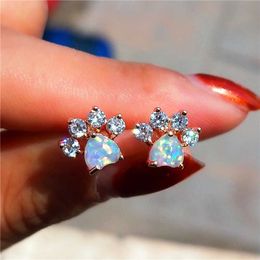 Charm White Blue Pink Opal Heart Stone Earrings Cute Cat Paw Dog Claw Stud Earrings For Women Wedding Rose Gold Silver Color Earrings G230307