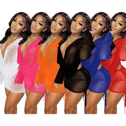 Women's designer mesh sexy suit nightclub women's long sleeve deep V mesh suit