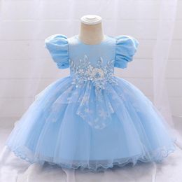 Girl Dresses Sky Blue Short Sleeves Lace Pageant Prom Gown Princess 6M-5Y Kids Clothing Elegant Children Birthday Party Dress 2023