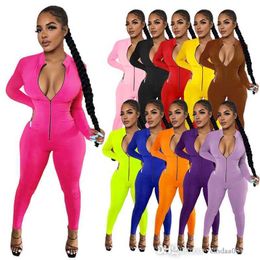 Women Sexy Jumpsuit Solid Colour Long Sleeve Fingers Bodysuit Fashion Slim Ladies Zipper Rompers 11 Colours