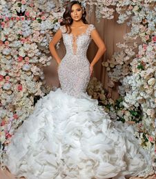 Party Dresses Sexy Deep V Neck Mermaid Wedding Dress 2023 Luxury Puffy Train Tulle Crystal Beaded Pearls Bridal Gown Backless Custom Made DZ03 230306