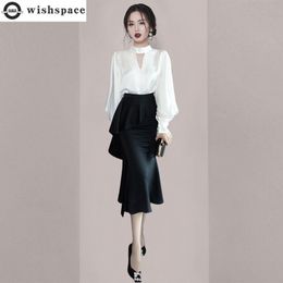 Two Piece Dress Korean Personality Longsleeved Chiffon Shirt Ruffled Skirt Twopiece Elegant Women Suit Office Manager Outfits 230307
