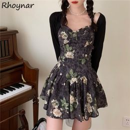 Two Piece Dress Set Cardigan and Sleeveless Sexy Girls Floral Ruffles Mini Sweet Students Lovely Ulzzang Trendy Ins Female Casual 230306