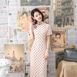 Ethnic Clothing Sheng Coco Wave Point Silk Pink Chinese Cheongsam Costume Pearl Pankou Cute Qipao Vestidos Female Oriental Party Dress