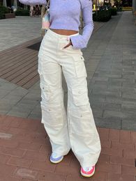 Women's Pants s Y2K Fashion White Baggy Cargo Arrivals 3D Pockets Patched Casual Bottoms Streetwear Stretchy Loose Fit Flared Trousers 230306