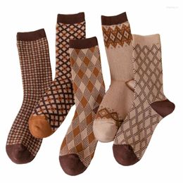 Women Socks 5 Pair Vintage Print Long Cute Protect Foot Set Winter Cotton Diamond Pattern Girl Style Kawaii Cycling Sokken