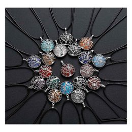 Pendant Necklaces Sterling Sier Owl Tree Of Life Gemstone Necklace With 18 Inch Chain Round Stones Pendants For Women And Men Drop D Dhist