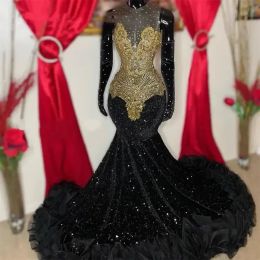 Sexy Sheer O Neck Long Prom Dress For Black Girls Beaded Birthday Party Gowns PLus Size Ruffles Mermaid Evening Dresses Custom Made