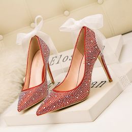 Fashion Spring New Autumn Woman High Heels Silver Wedding Shoes Stiletto Pointed Toe Slip-on Bling Luxury Ladies