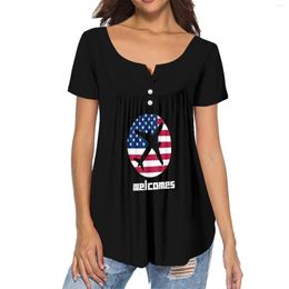 Women's T Shirts Black Women's Clothing Flags Pattern V-neck Short Sleeves Girl Top Polynesian Style Summer Sexy Close Ladies Pleated