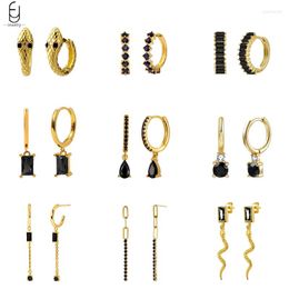 Hoop Earrings 925 Sterling Silver Ear Buckles Fashion Black Crystal Pendant Gold High Quality Women's Jewelry Gifts